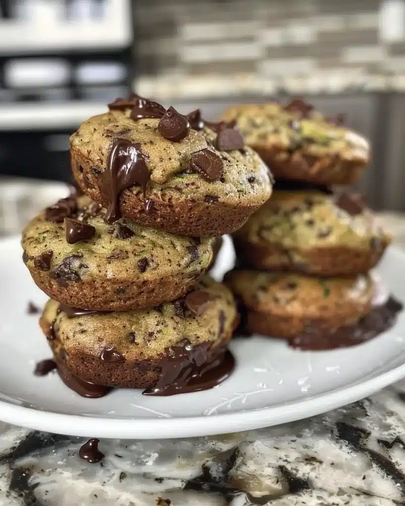 Freshly baked easy zucchini muffins displayed on a kitchen counter.