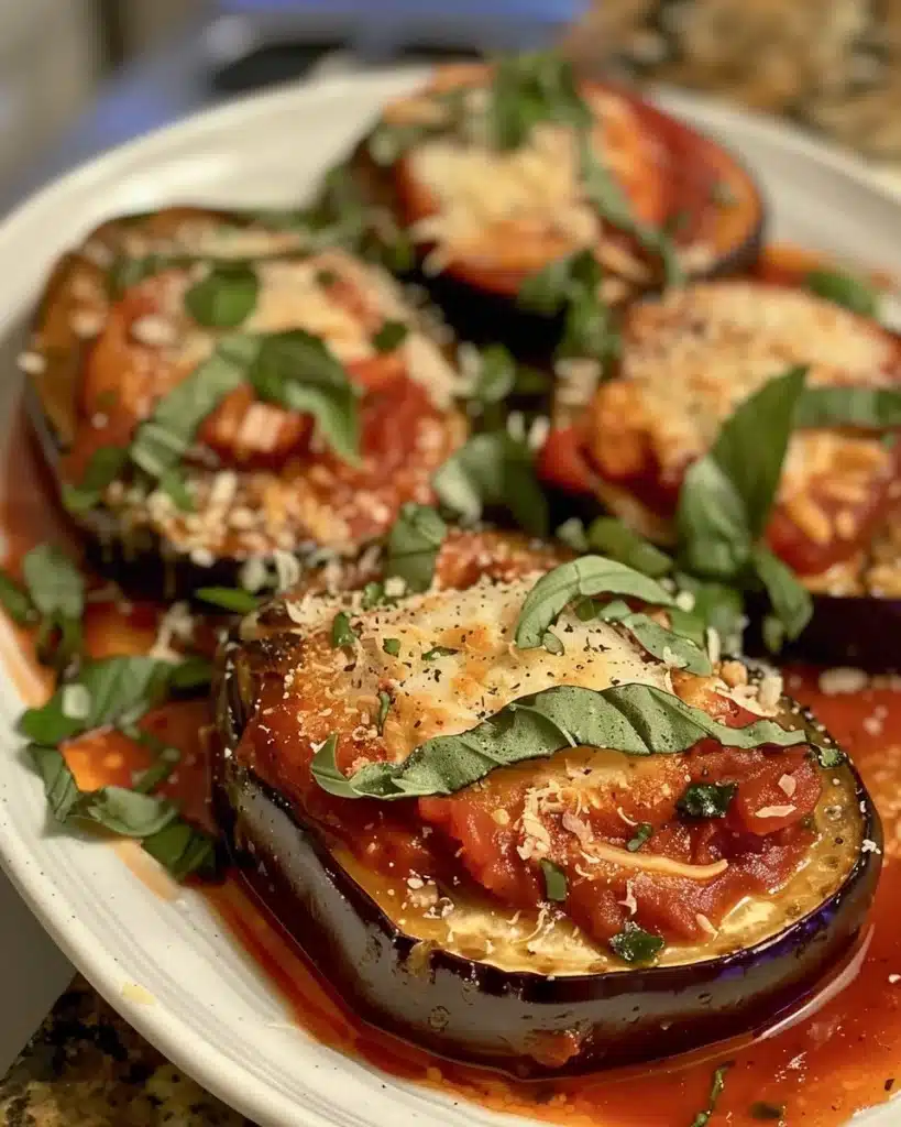 Eggplant Parmesan Bake topped with melted cheese and marinara sauce