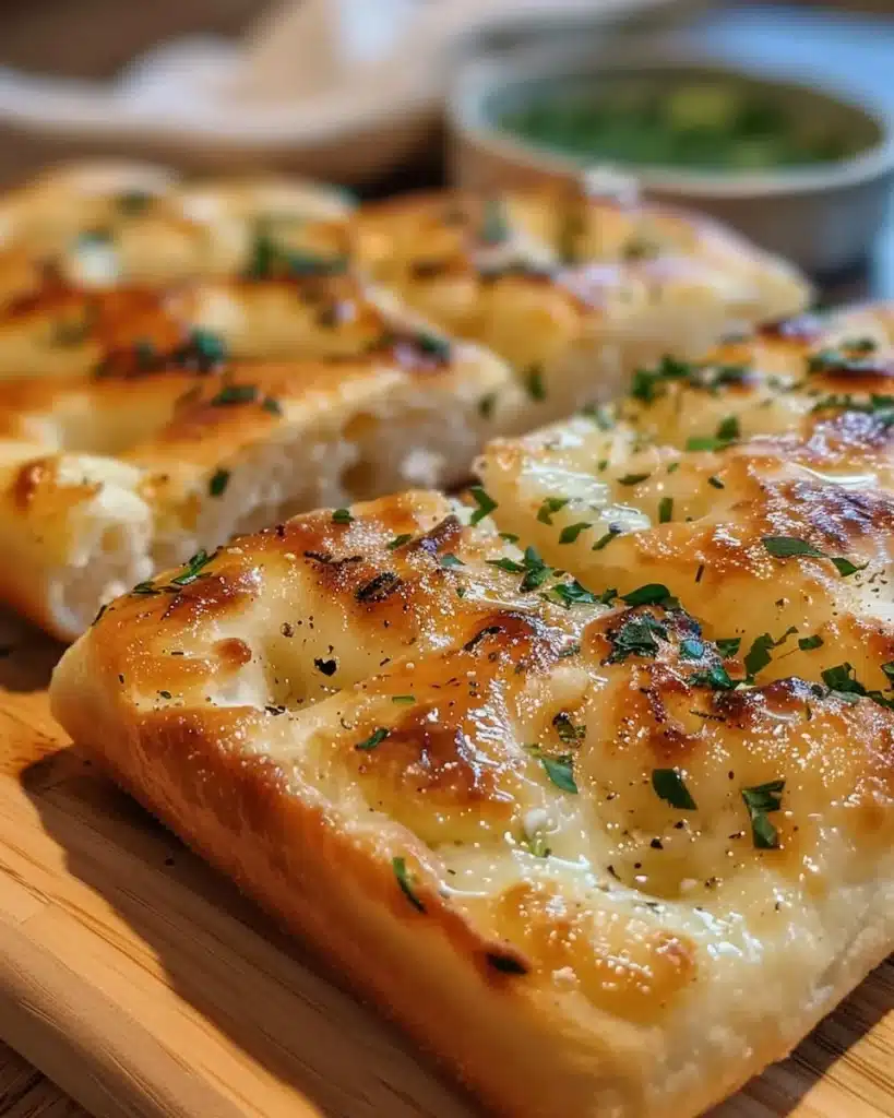 Freshly baked Garlic Knots topped with herbs and served with marinara sauce