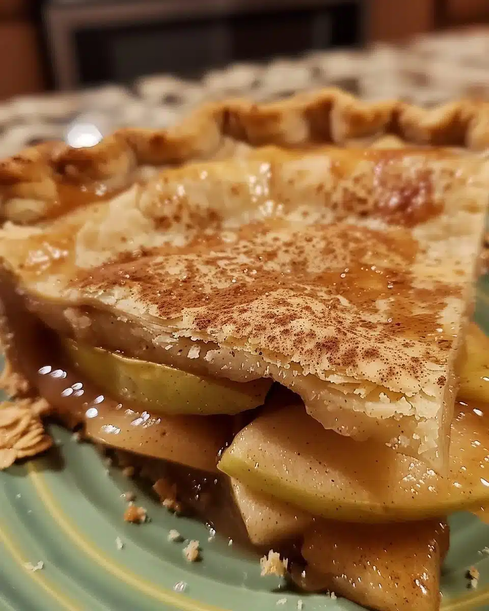 Slice of Granny Smith Apple Pie with a flaky crust and apples