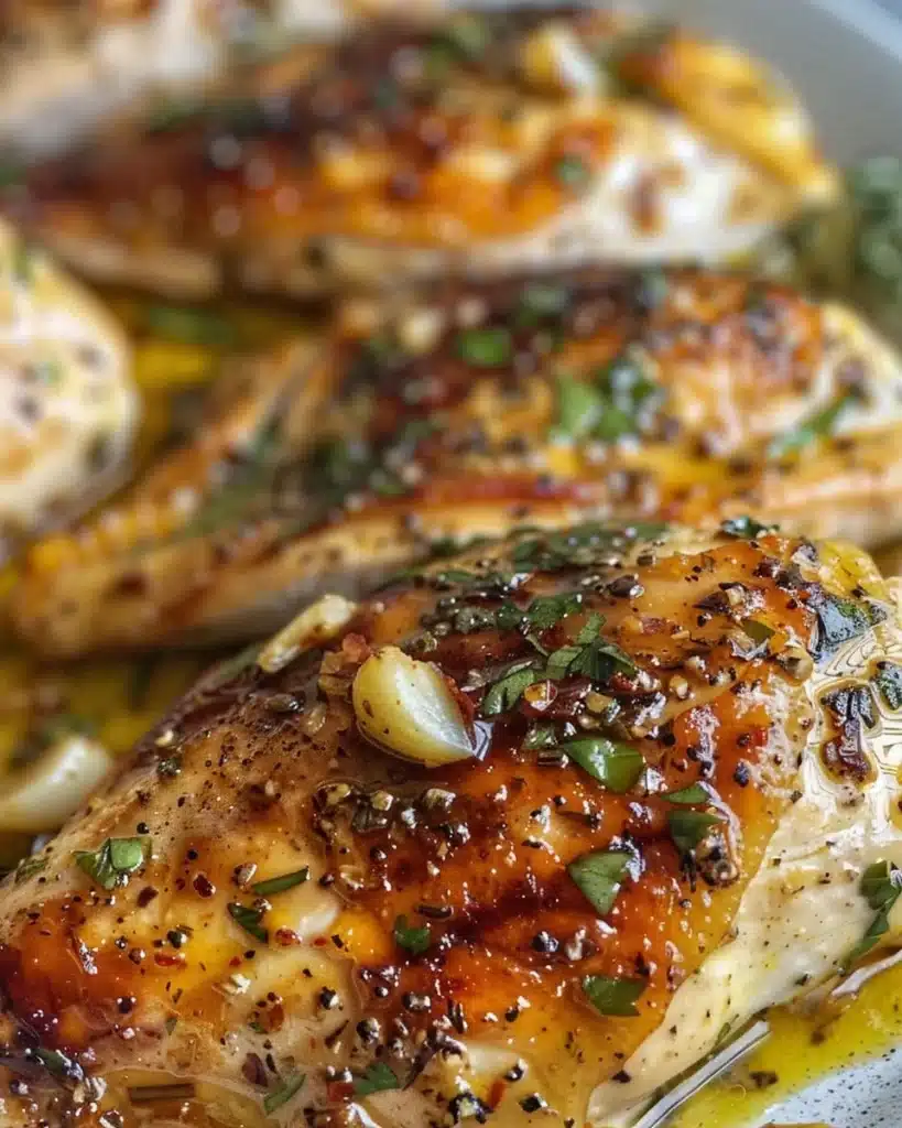 Juicy grilled chicken breasts served with fresh vegetables and herbs