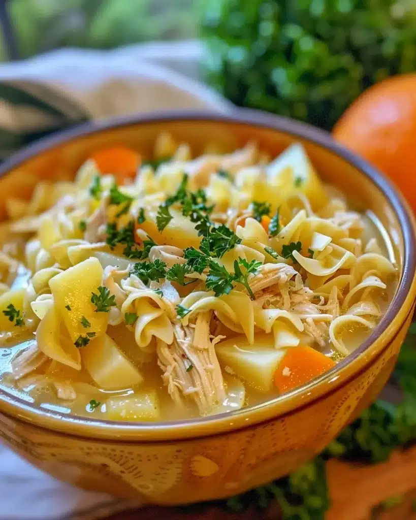 Bowl of homemade chicken noodle soup with fresh vegetables and herbs
