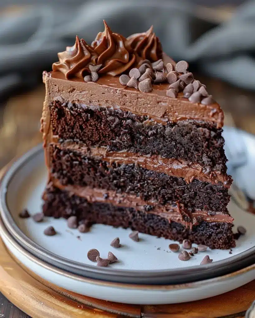 Delicious homemade chocolate cake topped with chocolate frosting