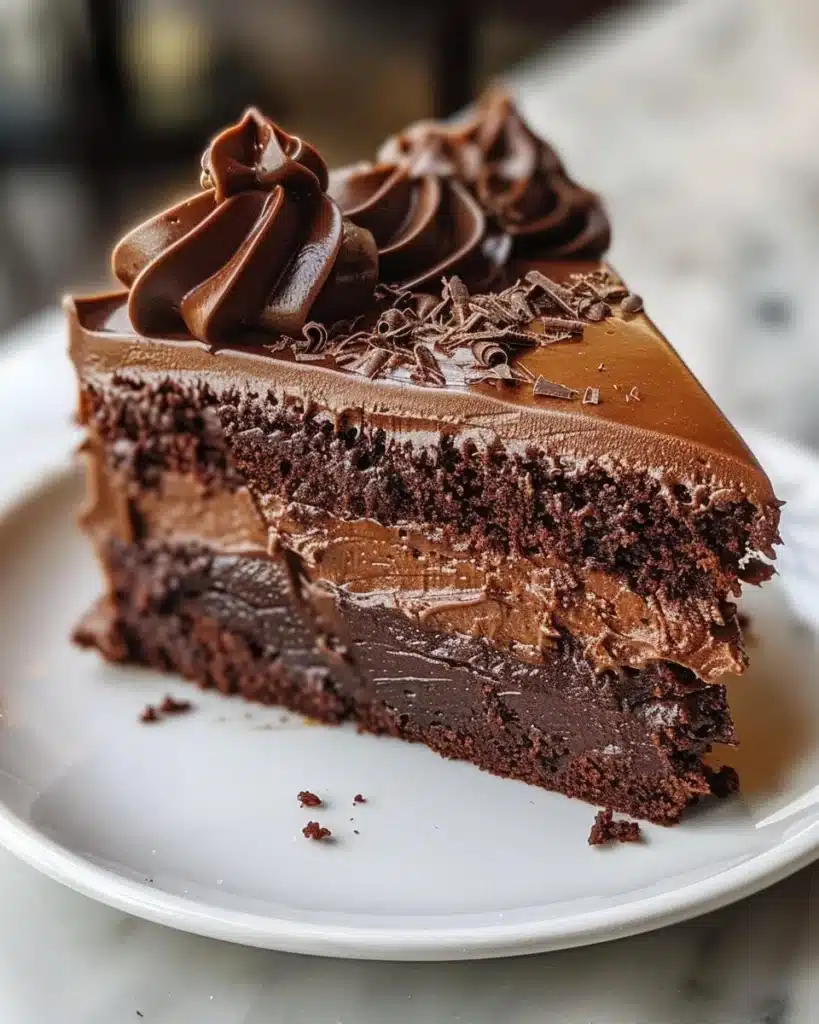 Delicious homemade chocolate cake topped with chocolate frosting and decorative sprinkles