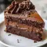 Delicious homemade chocolate cake topped with chocolate frosting and decorative sprinkles