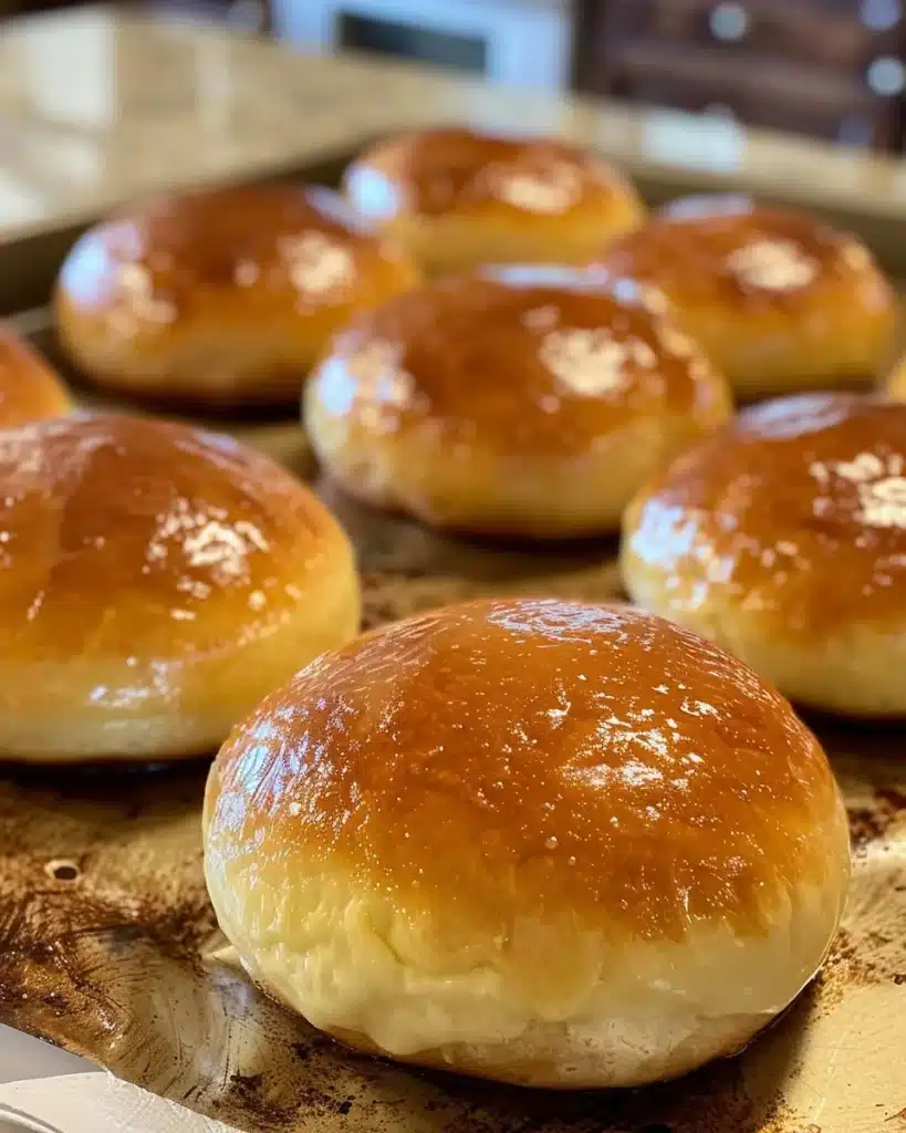 Freshly baked homemade dinner rolls on a wooden serving board
