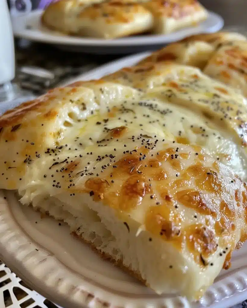 Homemade pull-apart bread with herbed cream cheese served on a wooden board.