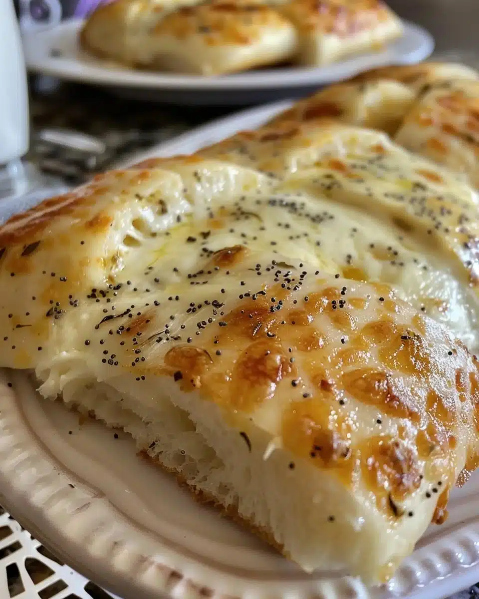 Homemade pull-apart bread with herbed cream cheese served on a wooden board.