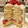 Delicious homemade strawberry cake topped with fresh strawberries and cream