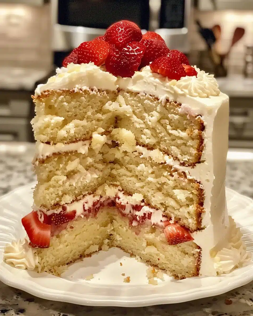 Delicious homemade strawberry cake topped with fresh strawberries and cream