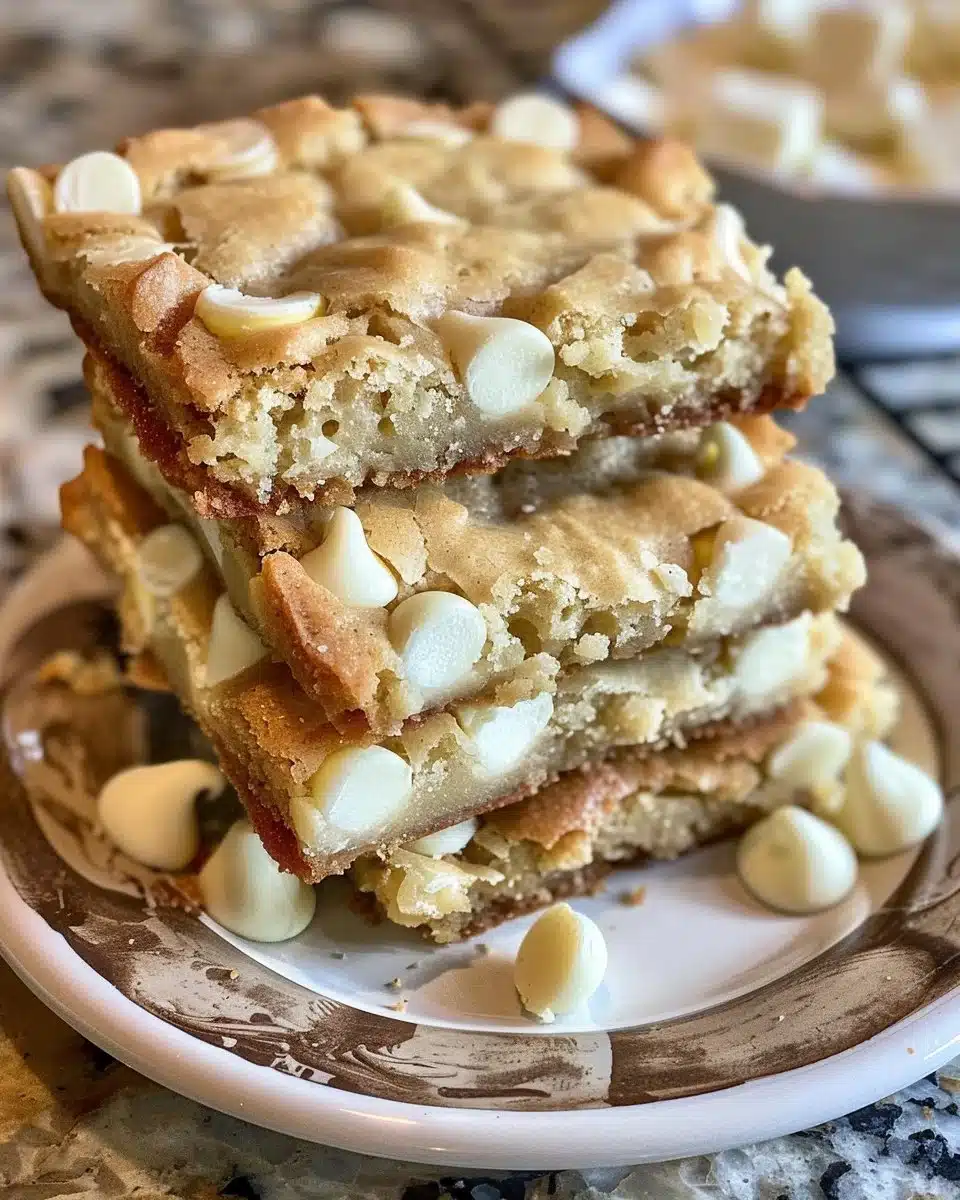 Delicious homemade white chocolate brownies on a white plate