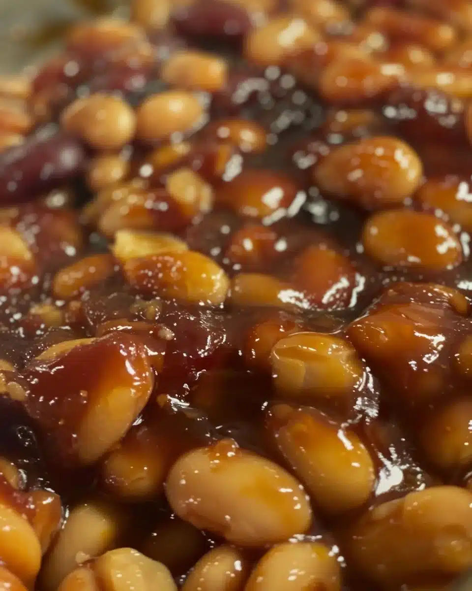 A delicious bowl of hot honey baked beans with a glossy glaze, perfect for barbecues