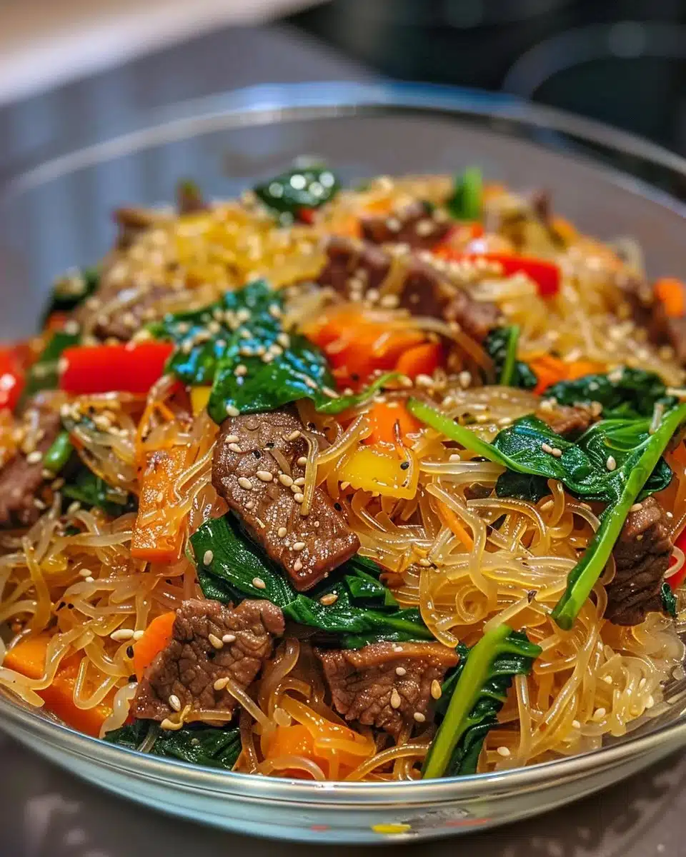 Plate of tasty Japchae with colorful vegetables and sweet potato noodles