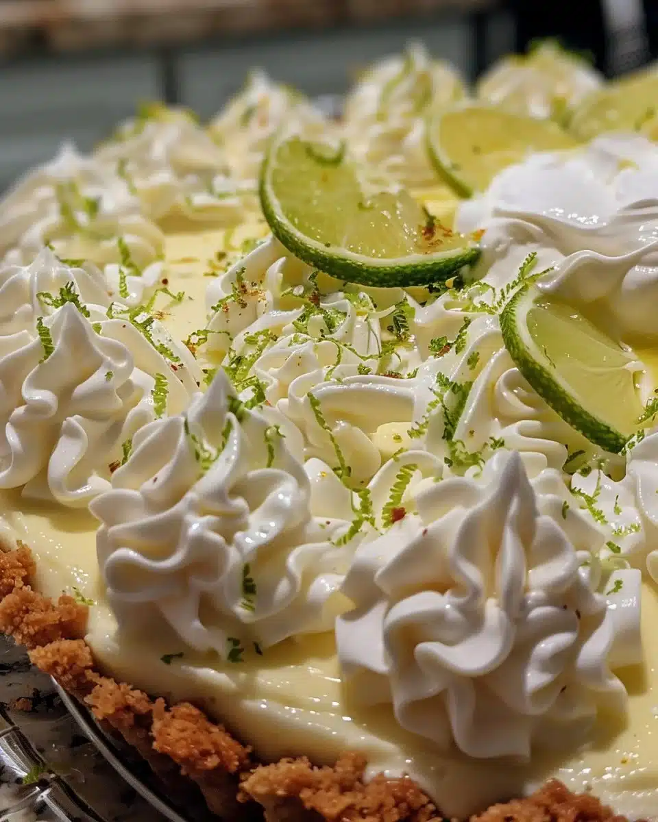 Delicious Key Lime Pie topped with cream cheese for a tangy dessert experience