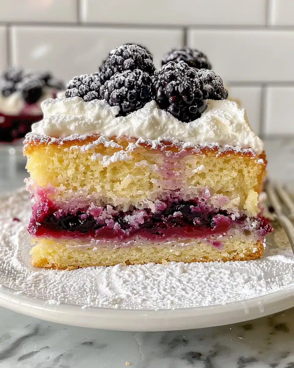 Lavender butter cake topped with blackberry jam on a rustic plate.