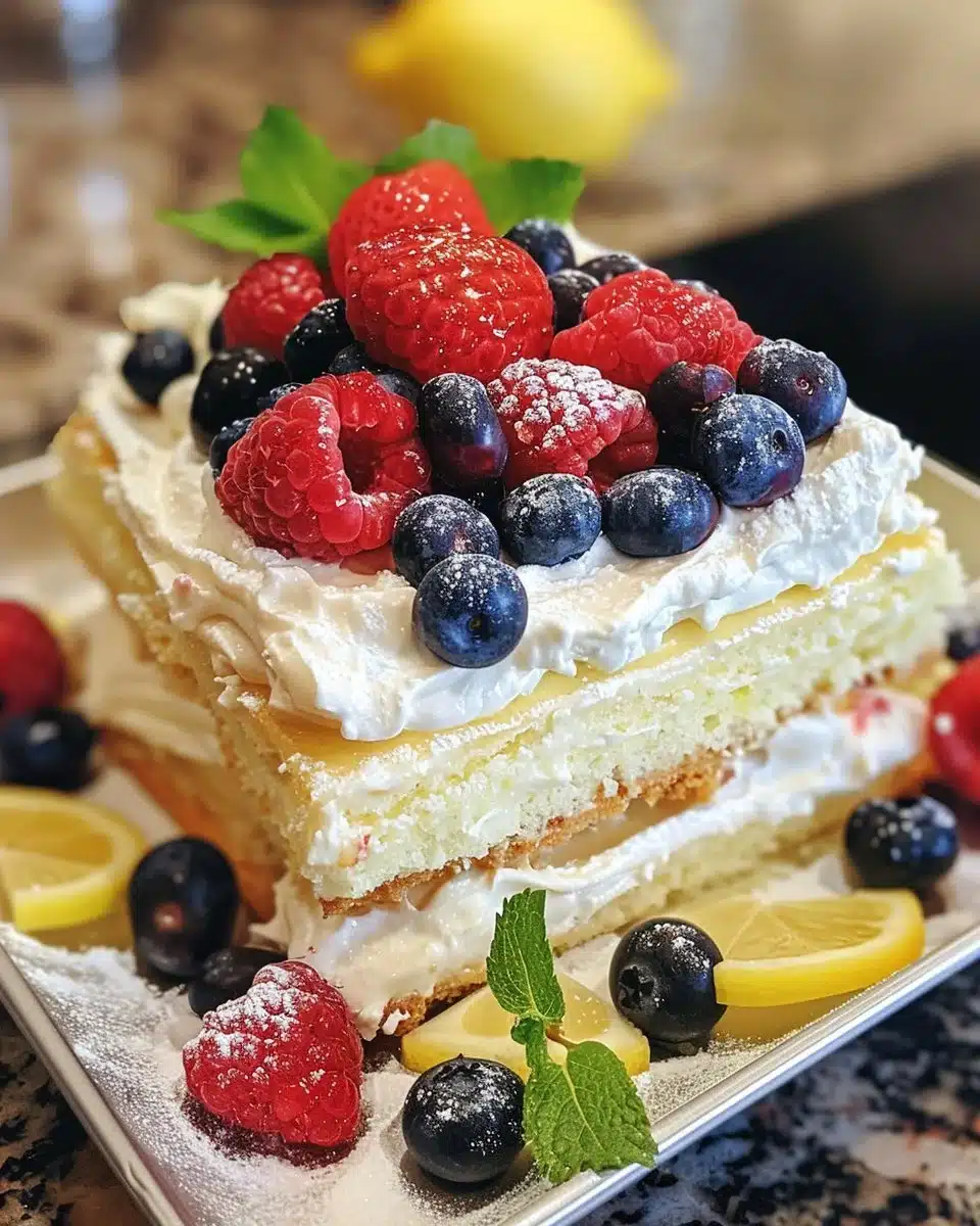 Delicious Lemon Berry Yogurt Cake topped with fresh berries and lemon glaze