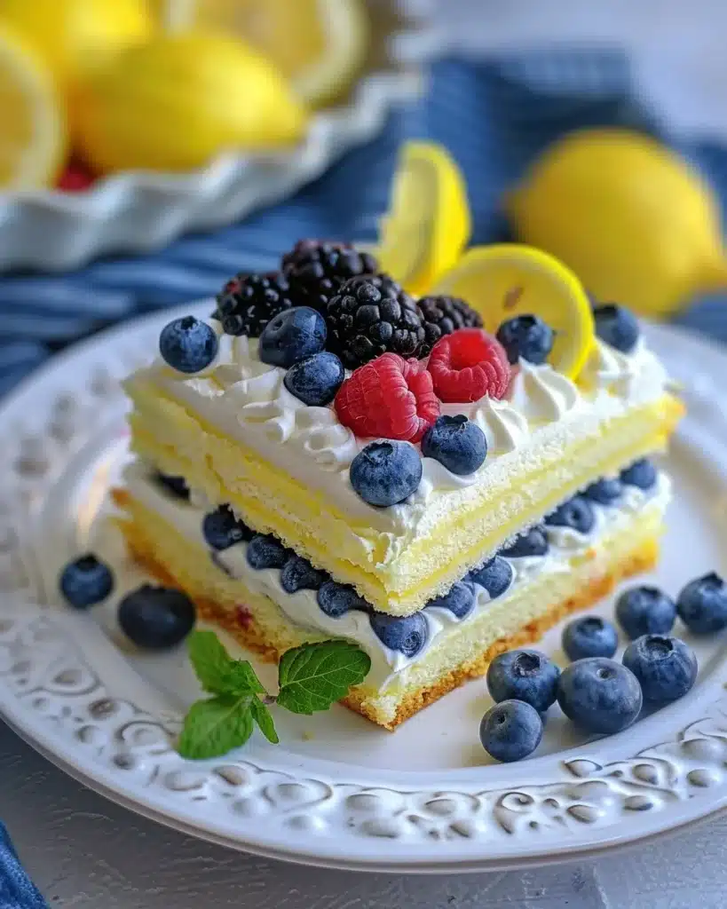 Lemon Berry Yogurt Cake topped with fresh berries and lemon zest