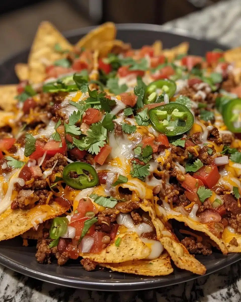 Delicious loaded nachos with cheese, jalapeños, and toppings