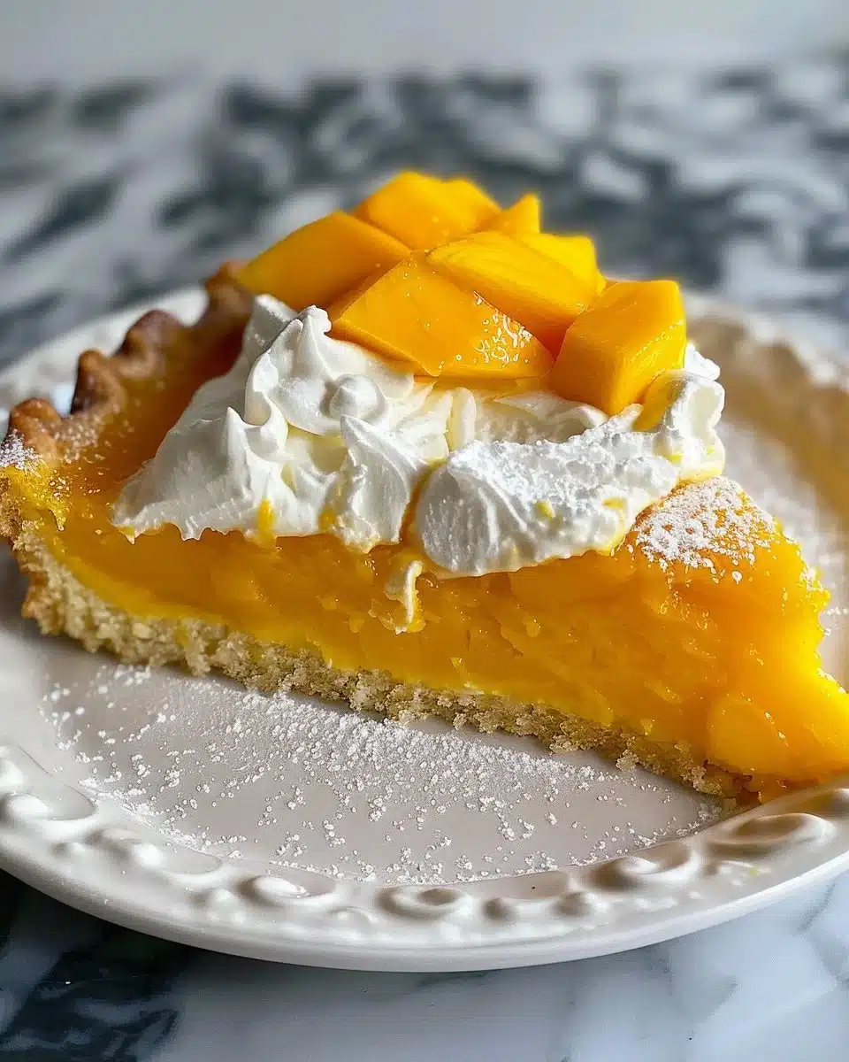 A slice of Mango Cream Chiffon Cake topped with fresh mango and cream.