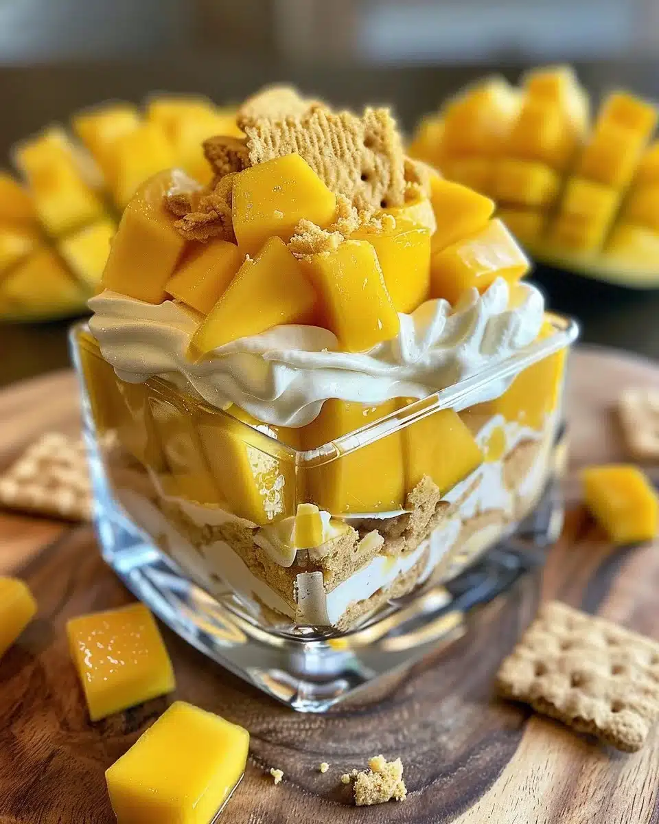 Delicious layered Mango Float dessert with fresh mango slices and cream