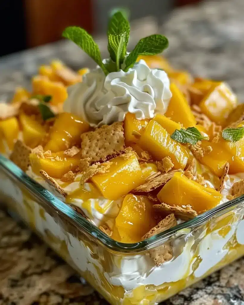 Delicious homemade mango float dessert layered with mangoes and cream