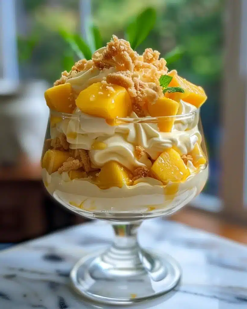 Creamy and refreshing mango float dessert served in a glass with mango slices