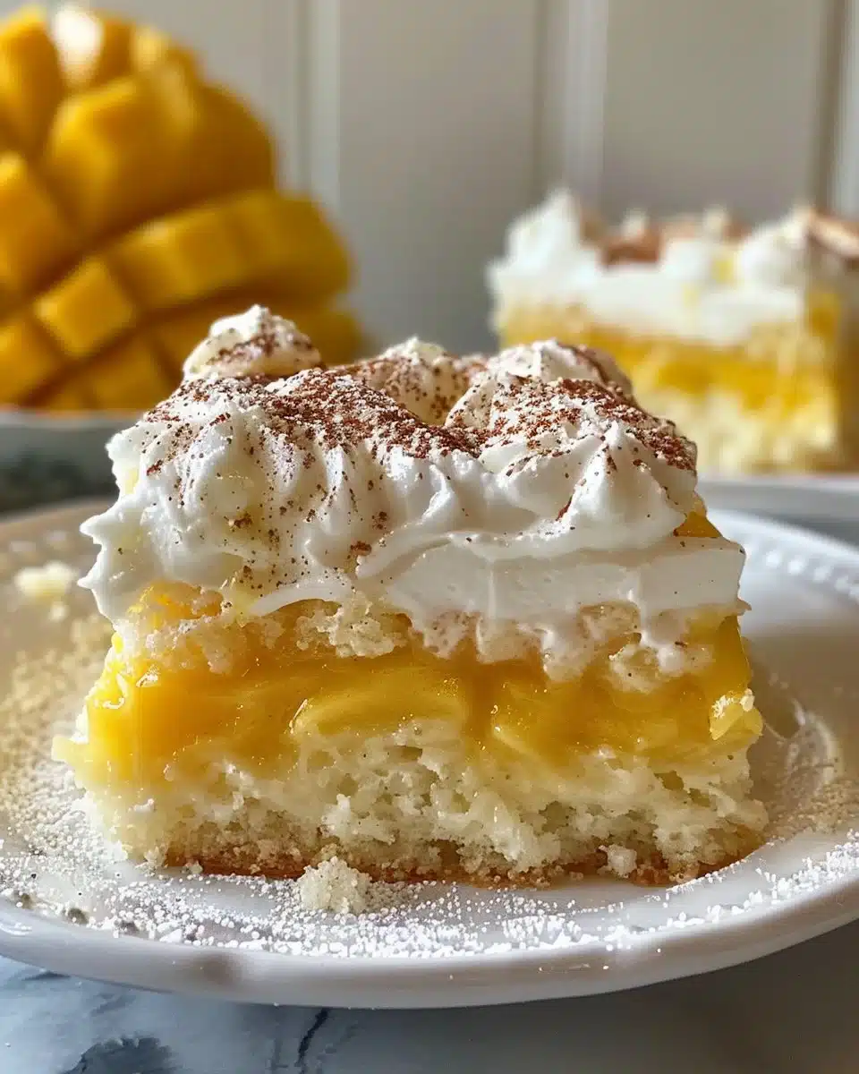 Delicious Mango Lassi Cake topped with mango slices and yogurt