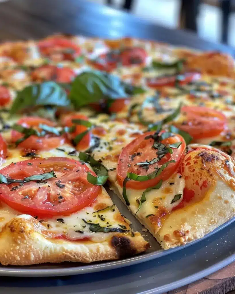 Delicious Margherita Flatbread Pizza with fresh tomatoes and basil