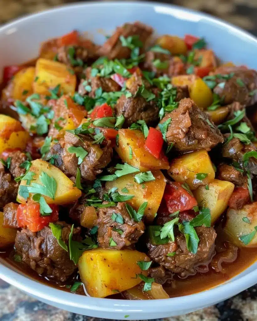 Delicious meat with potatoes dish, showcasing savory flavors and hearty ingredients.