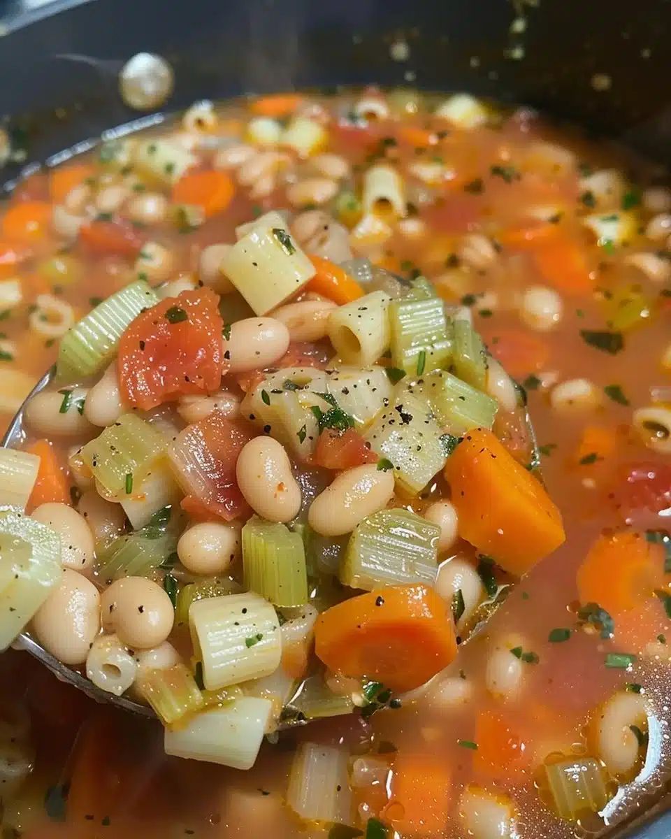 Bowl of homemade minestrone soup with vegetables and pasta