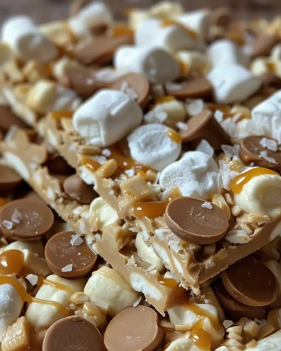 No bake avalanche cookies with chocolate and marshmallows on a plate