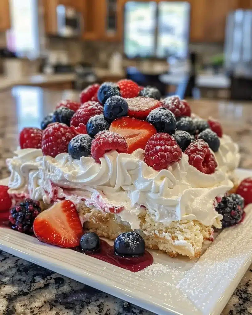 No Bake Berry Chantilly Cake topped with fresh berries and whipped cream