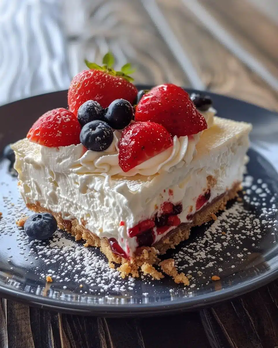 Delicious no-bake cheesecake topped with fresh berries