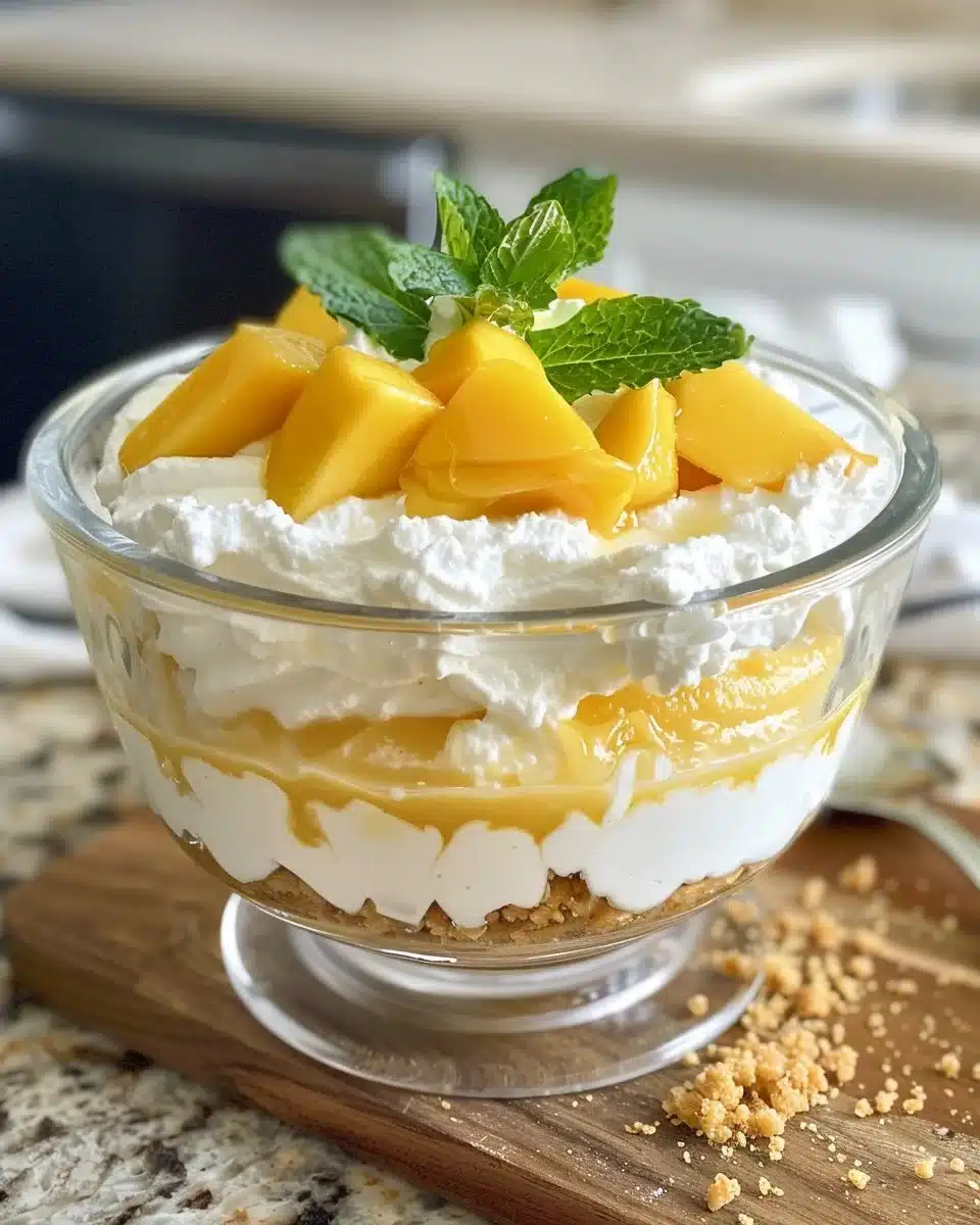 Delicious no bake mango cheesecake cups served in clear dessert dishes