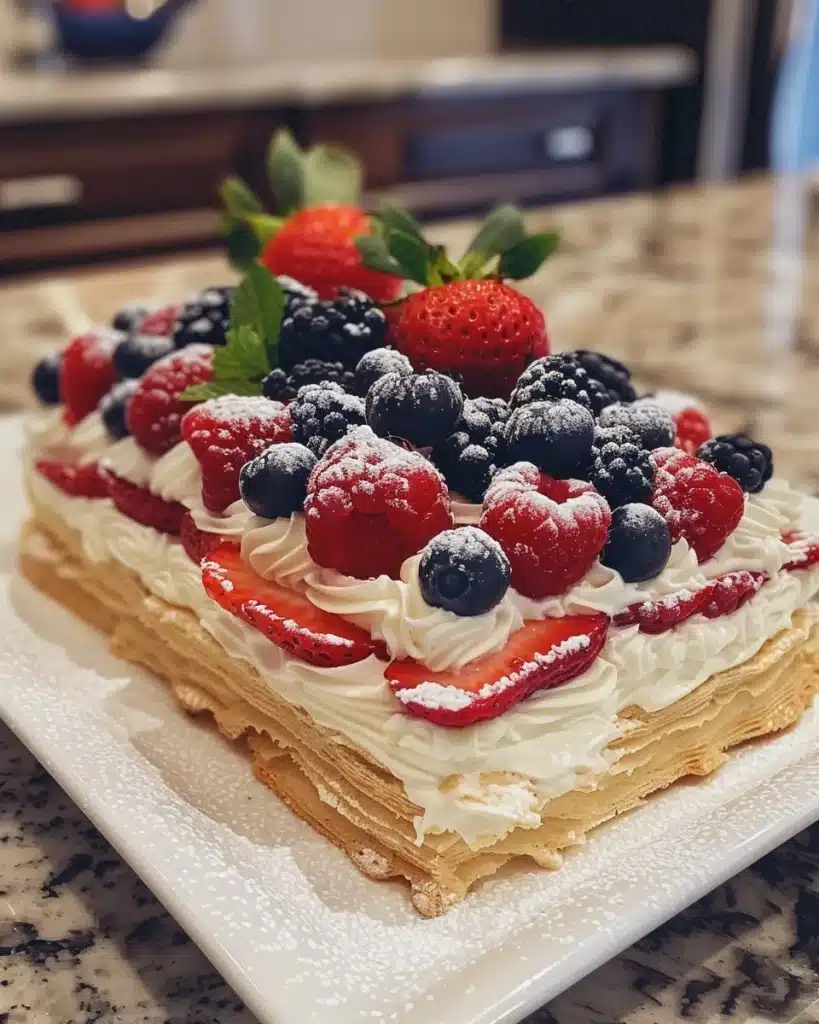 No-Bake Mixed Berry Chantilly Cake topped with fresh berries and whipped cream