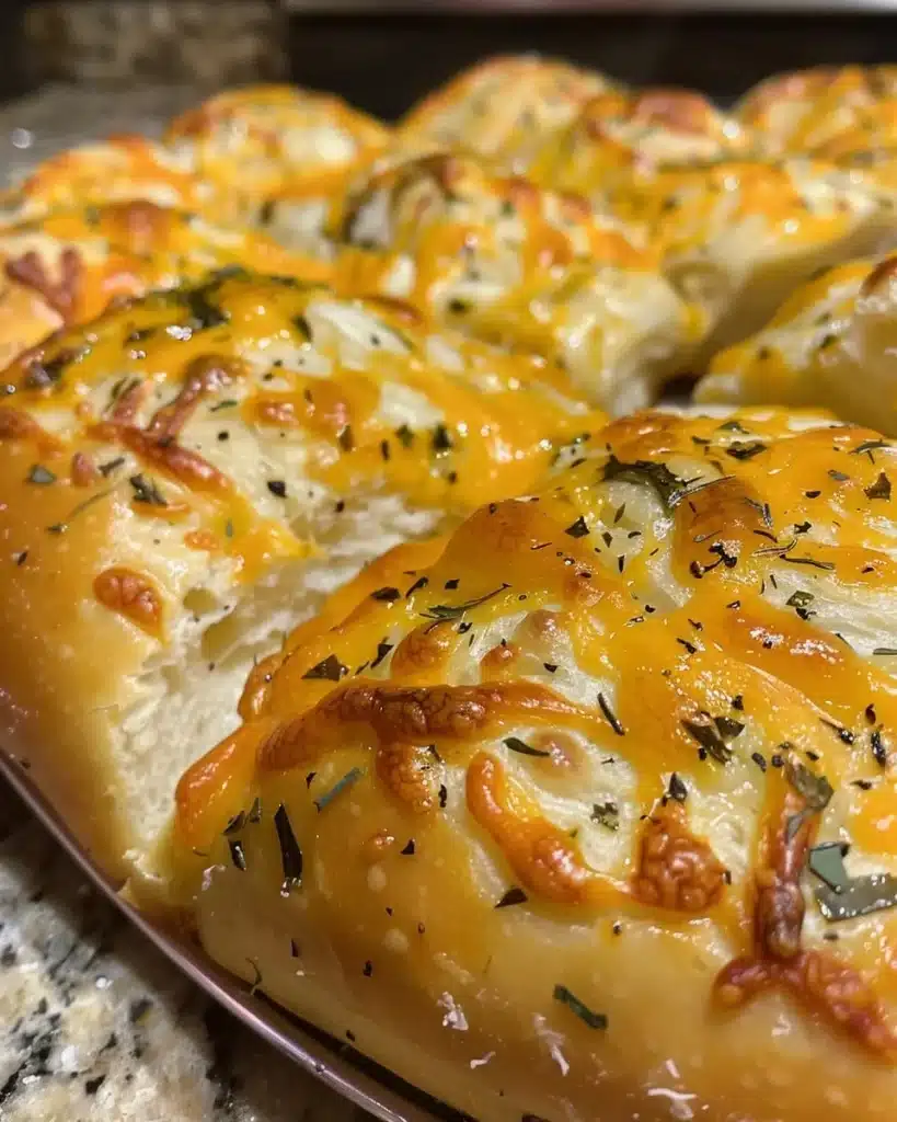 Freshly baked No-Knead Jalapeño Cheddar Bread with melted cheese and jalapeños