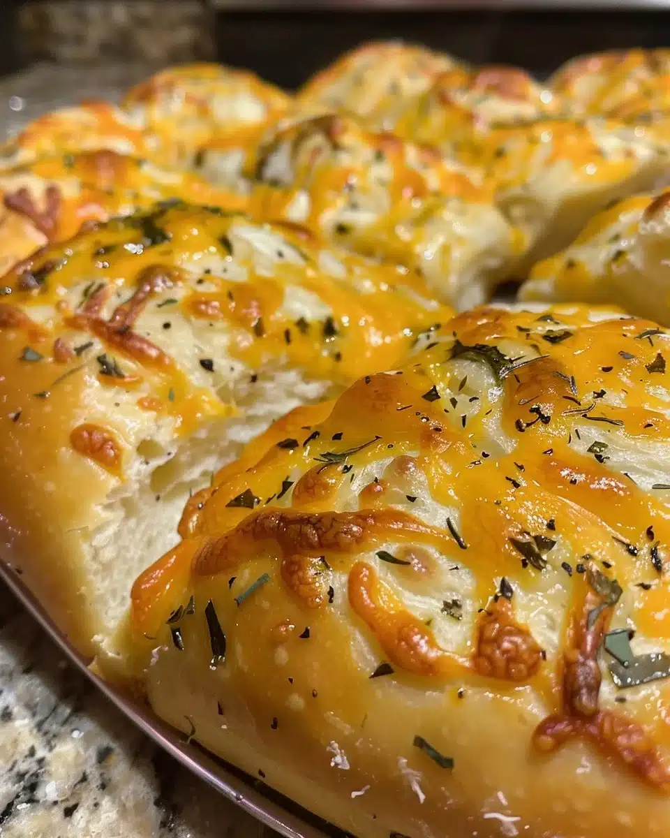 Freshly baked No-Knead Jalapeño Cheddar Bread with melted cheese and jalapeños