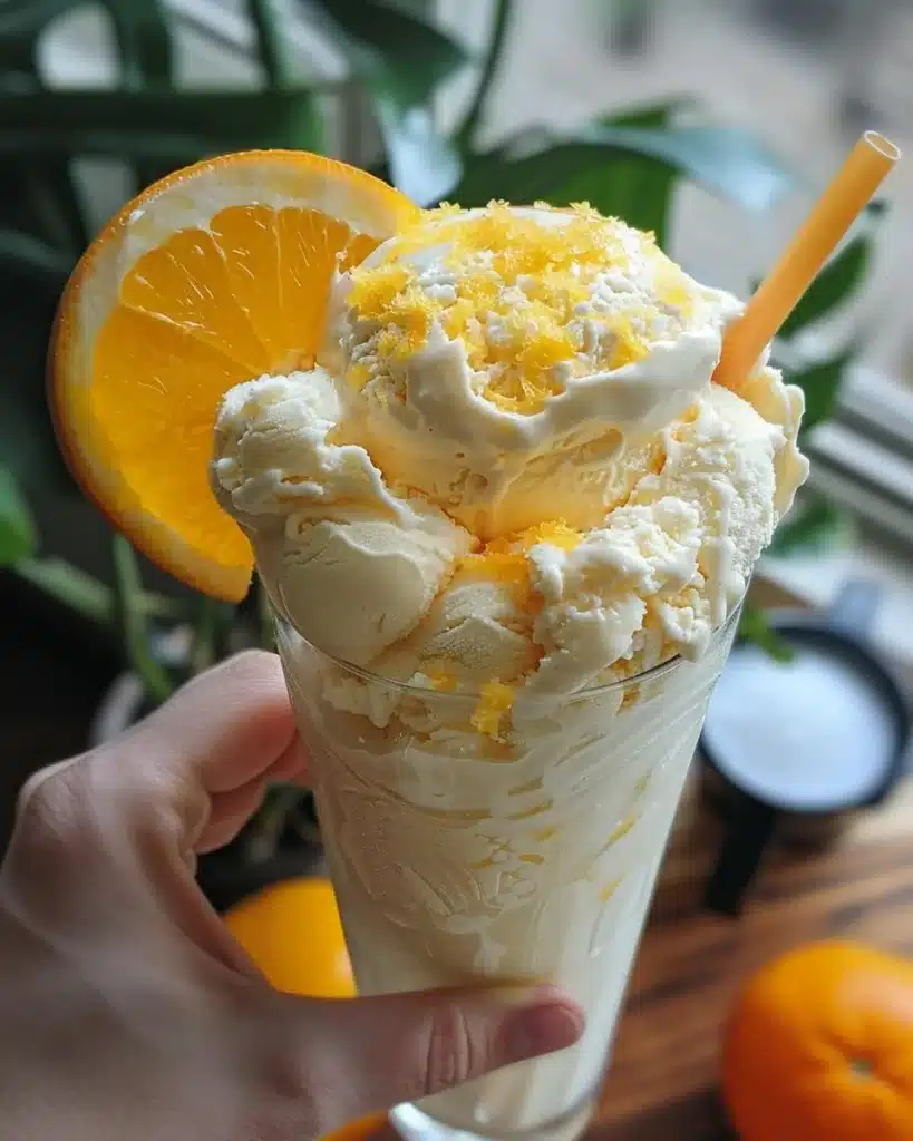 Refreshing Orange Julius drink in a clear cup with orange slices.