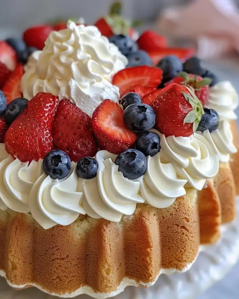 Colorful patriotic berry dessert featuring strawberries, blueberries, and whipped cream.