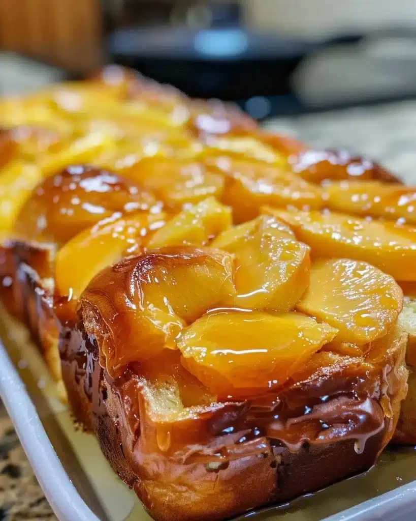 Deliciously golden Peach French Toast topped with fresh peach slices and syrup.
