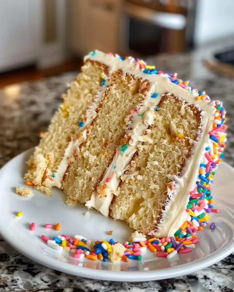 Delicious Peanut Butter Vanilla Cake with creamy frosting on a rustic plate