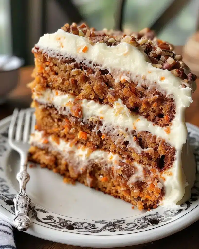 A slice of moist pineapple carrot cake topped with cream cheese frosting.