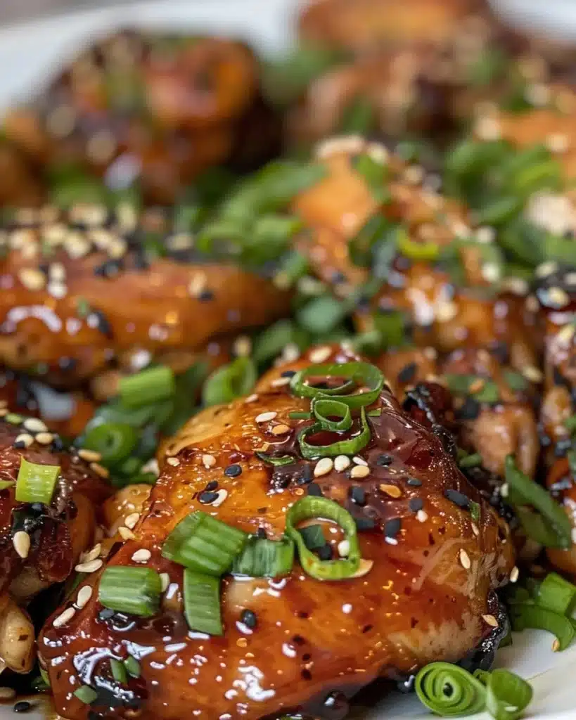 Pressure cooked chicken thighs in garlic-sesame sauce served on a plate.