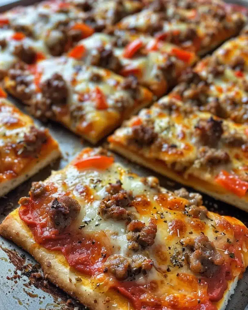 Slice of rectangle school pizza on a plate, showcasing its cheesy goodness and toppings.