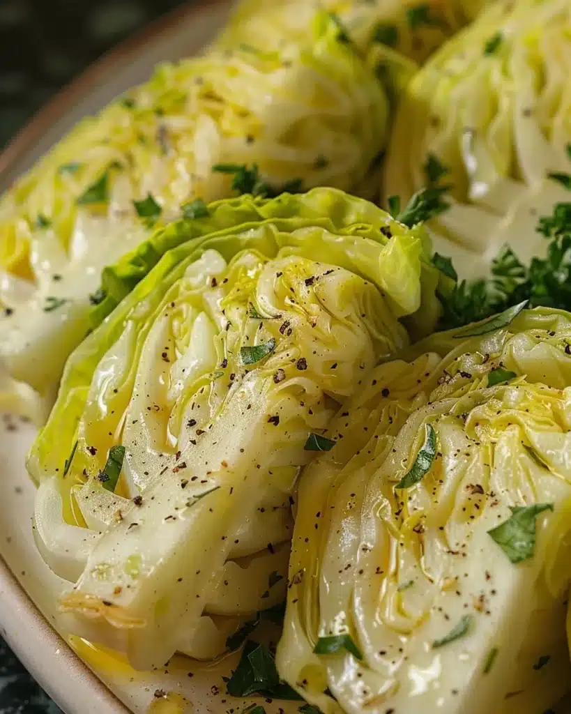 Plate of roasted cabbage drizzled with lemon herb dressing and garnished with herbs