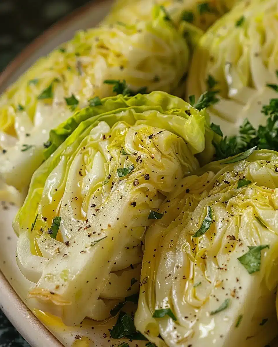 Plate of roasted cabbage drizzled with lemon herb dressing and garnished with herbs