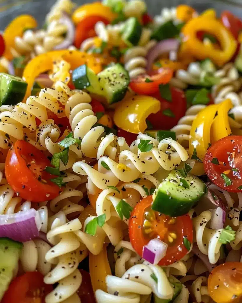 Colorful rotini pasta salad with fresh vegetables and dressing in a bowl