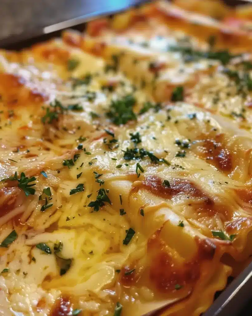 Delicious seafood lasagna with layers of seafood and creamy cheese.