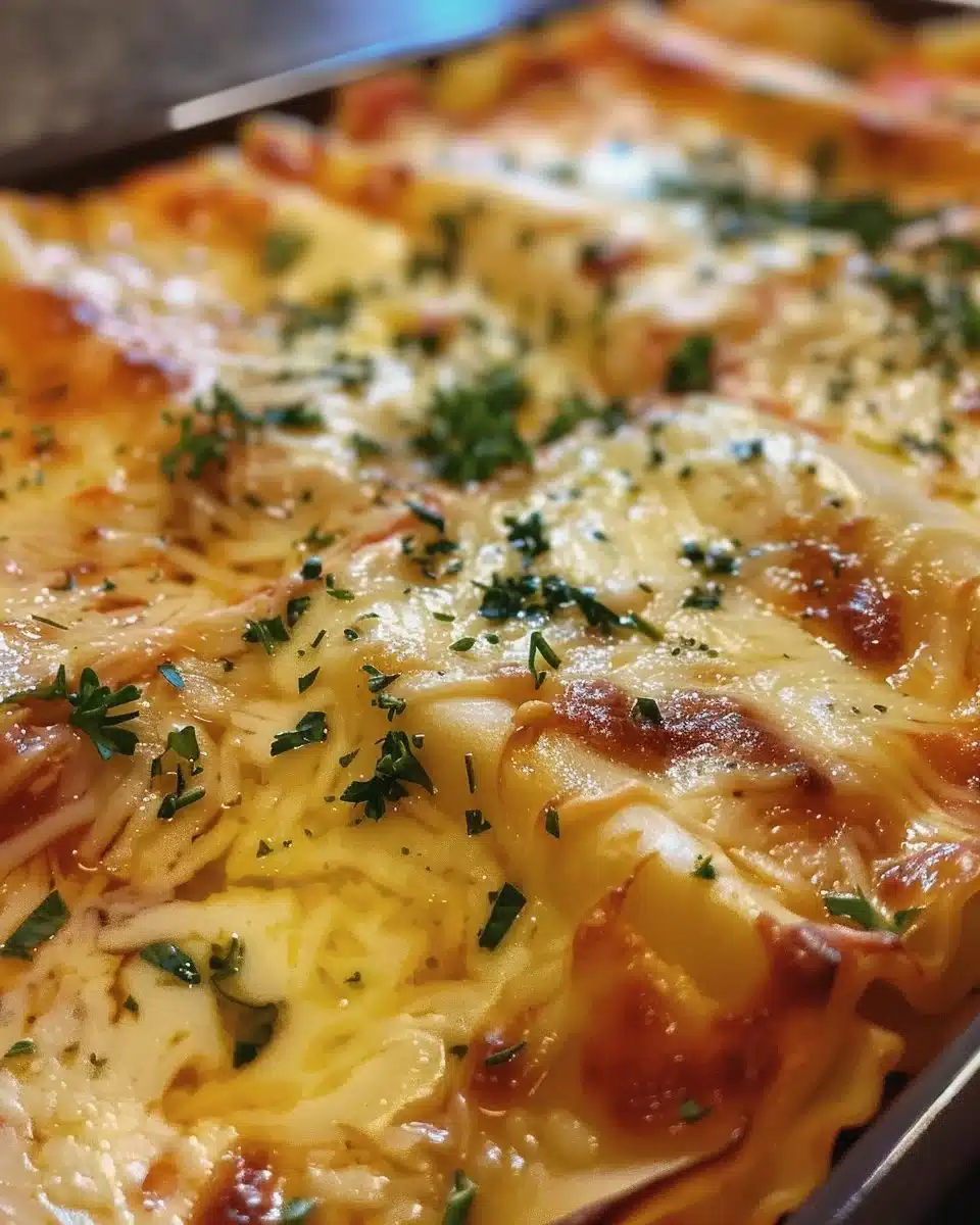 Delicious seafood lasagna with layers of seafood and creamy cheese.
