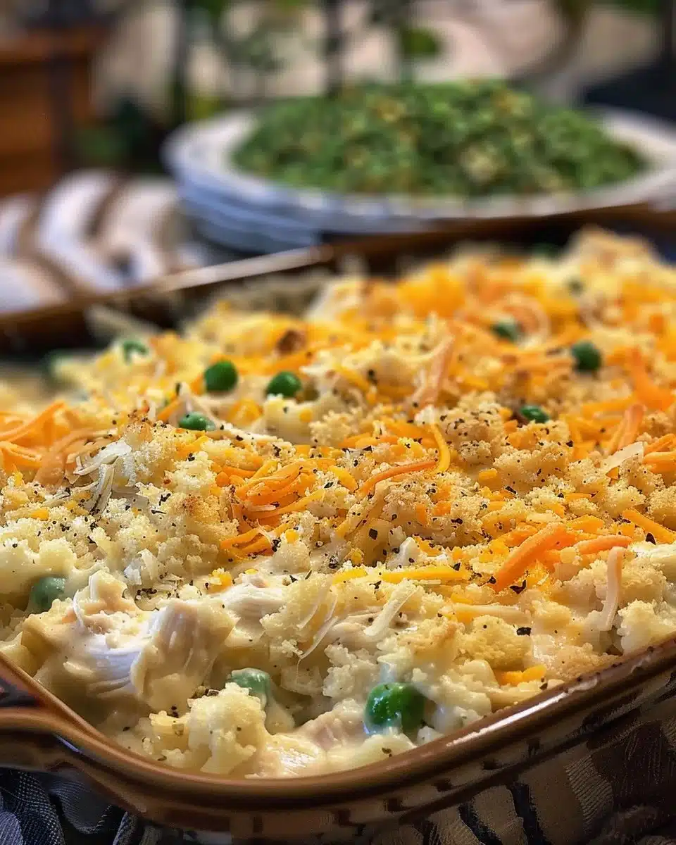 Delicious shredded chicken casserole served in a baking dish